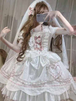 Robe Lolita OP Mignonne robe de mariée manches amovibles volants en Polyester n艙uds en dentelle robe une pièce blanche Lolita