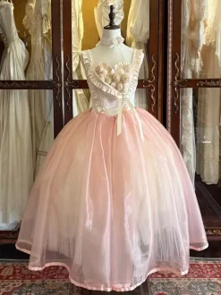 Robe Lolita rose féerique à bretelles à volants et lacets roses robe de ballet Sweet Lolita pour goûter.