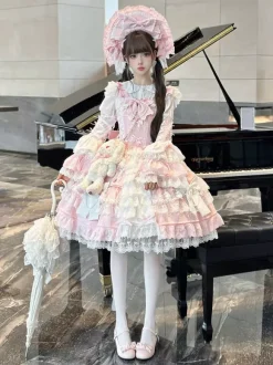 Robe Lolita rose Hime en dentelle à volants JSK courte Sweet Lolita