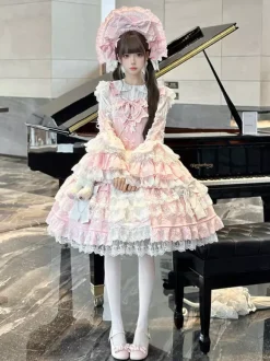 Robe Lolita rose Hime en dentelle à volants JSK courte Sweet Lolita