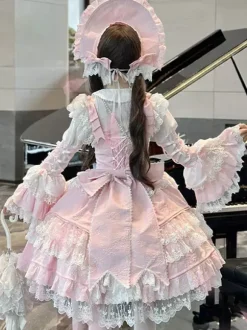 Robe Lolita rose Hime en dentelle à volants JSK courte Sweet Lolita