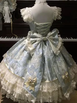 Robe Lolita Sweet Lolita en polyester sans manches dentelle bandage et n艙uds bleu ciel clair