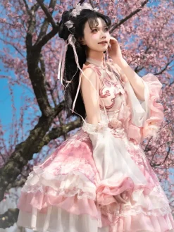 Robe Lolita Sweet Magenta sans manches en dentelle avec chaînes style kawaii asiatique