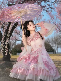 Robe Lolita Sweet Magenta sans manches en dentelle avec chaînes style kawaii asiatique