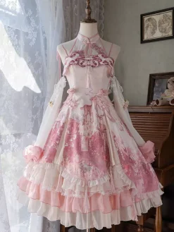 Robe Lolita Sweet Magenta sans manches en dentelle avec chaînes style kawaii asiatique