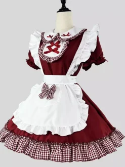Robe Lolita Sweet Maid Costume Cosplay Rouge Velours Volants Uniforme