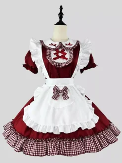 Robe Lolita Sweet Maid Costume Cosplay Rouge Velours Volants Uniforme