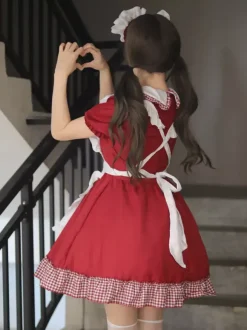 Robe Lolita Sweet Maid Costume Cosplay Rouge Velours Volants Uniforme