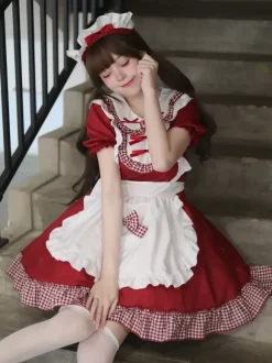 Robe Lolita Sweet Maid Costume Cosplay Rouge Velours Volants Uniforme