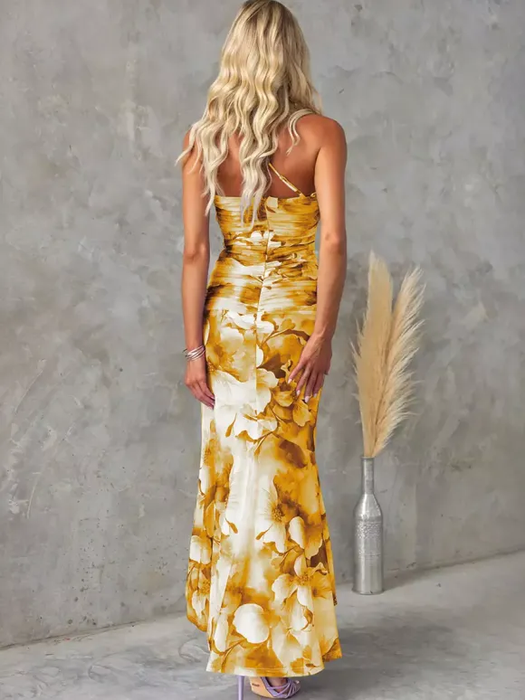 Robe longue asymétrique à imprimé floral pour femme 2026