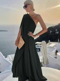 Robe longue asymétrique à une épaule pour femme - Robe drapée minimaliste à manches cape - Idéale pour un mariage d'été à la plage (collection 2026)