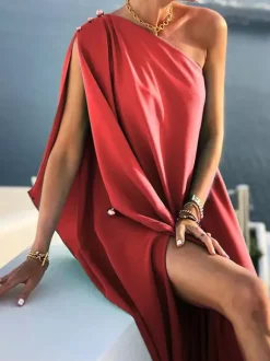 Robe longue asymétrique à une épaule pour femme - Robe drapée minimaliste à manches cape - Idéale pour un mariage d'été à la plage (collection 2026)