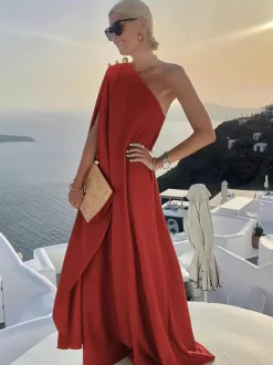 Robe longue asymétrique à une épaule pour femme - Robe drapée minimaliste à manches cape - Idéale pour un mariage d'été à la plage (collection 2026)