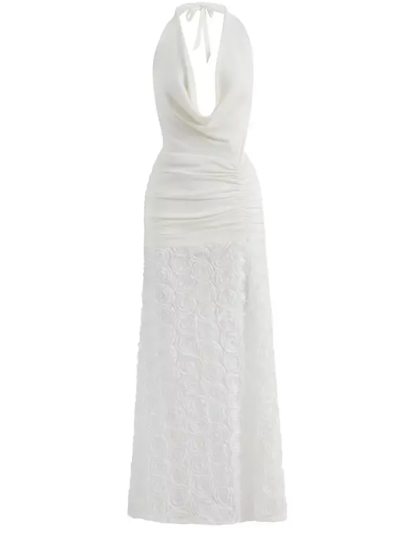 Robe longue blanche à col licou avec jupe fleurie 3D 2026