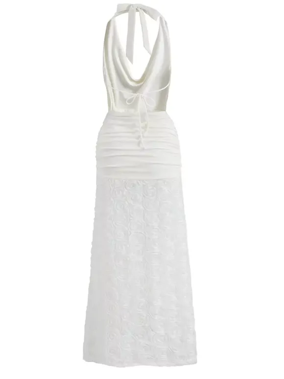 Robe longue blanche à col licou avec jupe fleurie 3D 2026