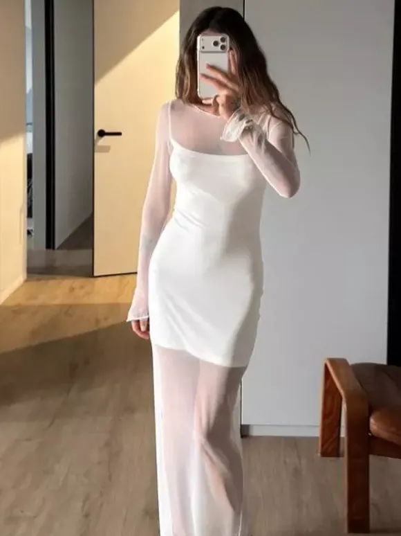 Robe longue blanche à manches longues et col rond pour femme taille naturelle style Daily Dresses