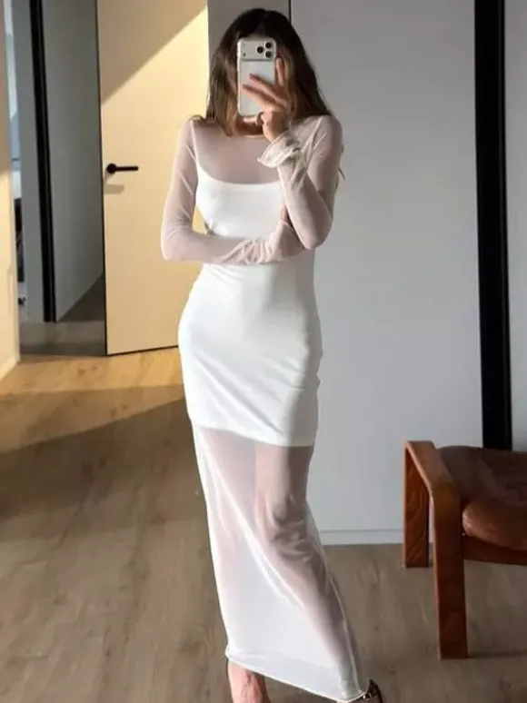 Robe longue blanche à manches longues et col rond pour femme taille naturelle style Daily Dresses