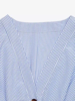 Robe longue bleue pour femme manches courtes col en V taille naturelle et jolis boutons.