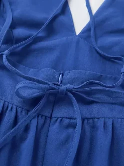 Robe longue bleu roi 100 % coton pour femme - Robe d'été à bretelles croisées dans le dos - Robe de plage à col en V - Collection 2026