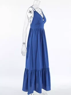 Robe longue bleu roi 100 % coton pour femme - Robe d'été à bretelles croisées dans le dos - Robe de plage à col en V - Collection 2026