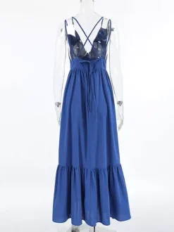 Robe longue bleu roi 100 % coton pour femme - Robe d'été à bretelles croisées dans le dos - Robe de plage à col en V - Collection 2026