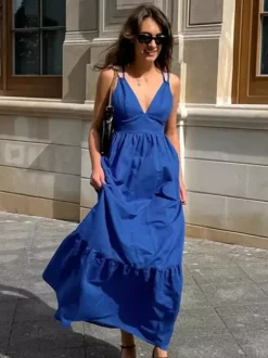 Robe longue bleu roi 100 % coton pour femme - Robe d'été à bretelles croisées dans le dos - Robe de plage à col en V - Collection 2026