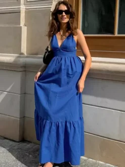 Robe longue bleu roi 100 % coton pour femme - Robe d'été à bretelles croisées dans le dos - Robe de plage à col en V - Collection 2026