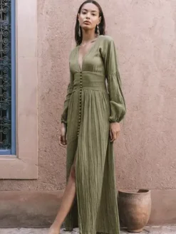 Robe longue bohème à col V - Manches bouffantes boutons sur le devant fente haute - Idéale pour les vacances de printemps à la plage 2026
