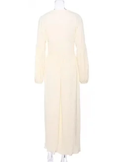 Robe longue bohème à col V - Manches bouffantes boutons sur le devant fente haute - Idéale pour les vacances de printemps à la plage 2026