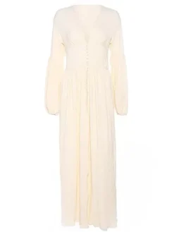 Robe longue bohème à col V - Manches bouffantes boutons sur le devant fente haute - Idéale pour les vacances de printemps à la plage 2026