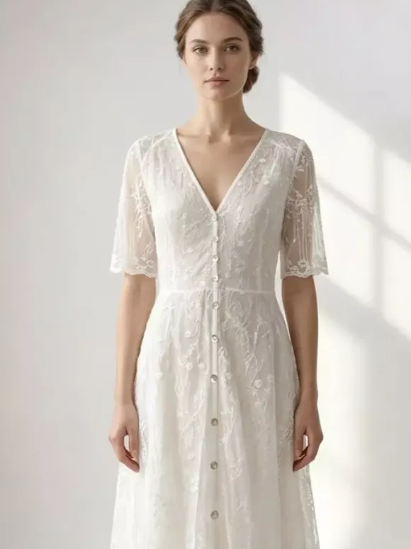 Robe longue bohème en dentelle blanche pour femme - Robe courte à manches courtes et boutons brodés - Tenue d'été idéale pour la plage les mariages et les fêtes (collection 2026)
