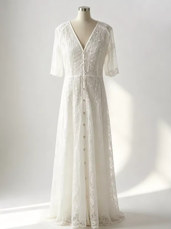 Robe longue bohème en dentelle blanche pour femme - Robe courte à manches courtes et boutons brodés - Tenue d'été idéale pour la plage les mariages et les fêtes (collection 2026)