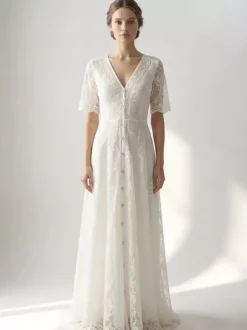 Robe longue bohème en dentelle blanche pour femme - Robe courte à manches courtes et boutons brodés - Tenue d'été idéale pour la plage les mariages et les fêtes (collection 2026)