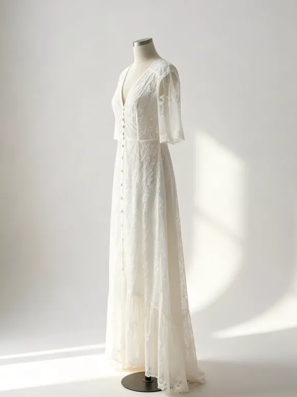 Robe longue bohème en dentelle blanche pour femme - Robe courte à manches courtes et boutons brodés - Tenue d'été idéale pour la plage les mariages et les fêtes (collection 2026)