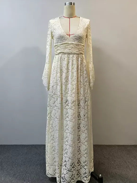 Robe longue bohème en dentelle florale pour femme - Abricot col en V taille empire manches évasées - Collection printemps-été 2026