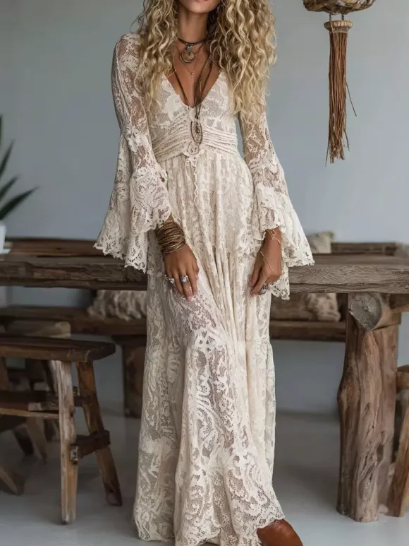 Robe longue bohème en dentelle florale pour femme - Abricot col en V taille empire manches évasées - Collection printemps-été 2026