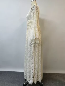 Robe longue bohème en dentelle florale pour femme - Abricot col en V taille empire manches évasées - Collection printemps-été 2026
