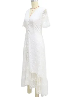 Robe longue bohème en dentelle blanche pour femme - Robe courte à manches courtes et boutons brodés - Tenue d'été idéale pour la plage les mariages et les fêtes (collection 2026)