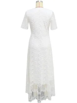Robe longue bohème en dentelle blanche pour femme - Robe courte à manches courtes et boutons brodés - Tenue d'été idéale pour la plage les mariages et les fêtes (collection 2026)