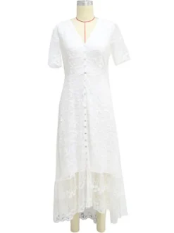 Robe longue bohème en dentelle blanche pour femme - Robe courte à manches courtes et boutons brodés - Tenue d'été idéale pour la plage les mariages et les fêtes (collection 2026)