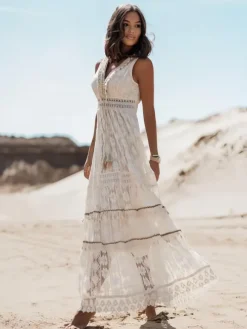 Robe longue bohème en dentelle pour femme - Robe d'été chic sans manches à col en V et découpes - Vacances d'été à la plage 2026