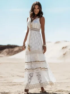 Robe longue bohème en dentelle pour femme - Robe d'été chic sans manches à col en V et découpes - Vacances d'été à la plage 2026