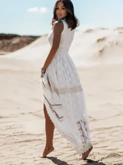 Robe longue bohème en dentelle pour femme - Robe d'été chic sans manches à col en V et découpes - Vacances d'été à la plage 2026