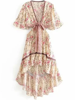 Robe longue bohème fleurie asymétrique pour femme - Rose crème découpes n艙ud sur le devant manches papillon - Été 2026