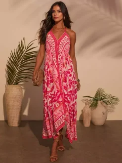 Robe longue bohème à imprimé cachemire pour femme - Robe longue fluide et ample à col halter imprimé ethnique - Idéale pour les vacances d'été tropicales 2026