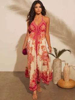 Robe longue bohème à imprimé cachemire pour femme - Robe longue fluide et ample à col halter imprimé ethnique - Idéale pour les vacances d'été tropicales 2026