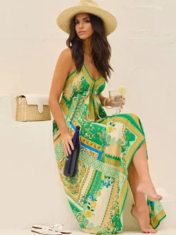 Robe longue bohème à imprimé cachemire pour femme - Robe longue fluide et ample à col halter imprimé ethnique - Idéale pour les vacances d'été tropicales 2026