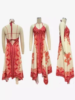 Robe longue bohème à imprimé cachemire pour femme - Robe longue fluide et ample à col halter imprimé ethnique - Idéale pour les vacances d'été tropicales 2026