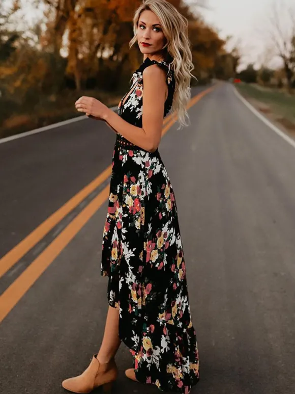 Robe longue bohème noire à fleurs pour femme - Ourlet asymétrique dos nu taille en crochet - Tenues d'été pour un rendez-vous galant 2026