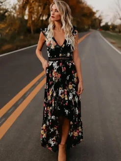 Robe longue bohème noire à fleurs pour femme - Ourlet asymétrique dos nu taille en crochet - Tenues d'été pour un rendez-vous galant 2026